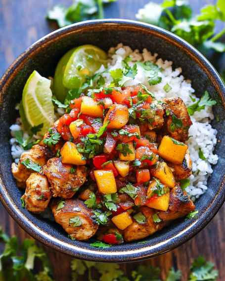 Cilantro Lime Chicken Bowls with Peach Salsa Recipe delight!