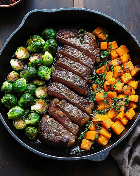 Garlic Butter Steak with Brussels Sprouts and Butternut Squash Recipe is delicious!