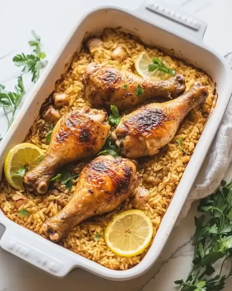 Baked Chicken Legs with Rice is a family favorite dish.