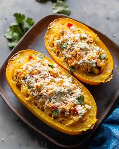 Buffalo Chicken Spaghetti Squash is a healthy delight.