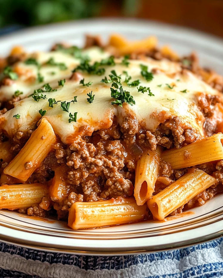 Cheesy Ground Beef Pasta Casserole is a family favorite.