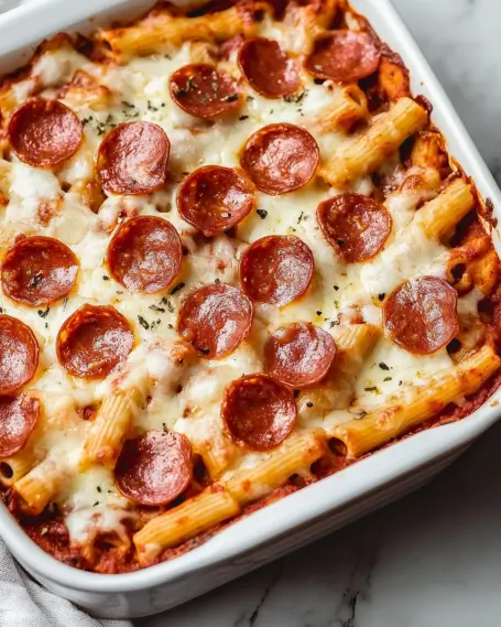 Cheesy Pizza Pasta Bake Recipe is a family favorite!