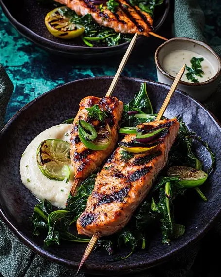 Grilled Salmon Skewers with Garlic Butterbean Purée delight!