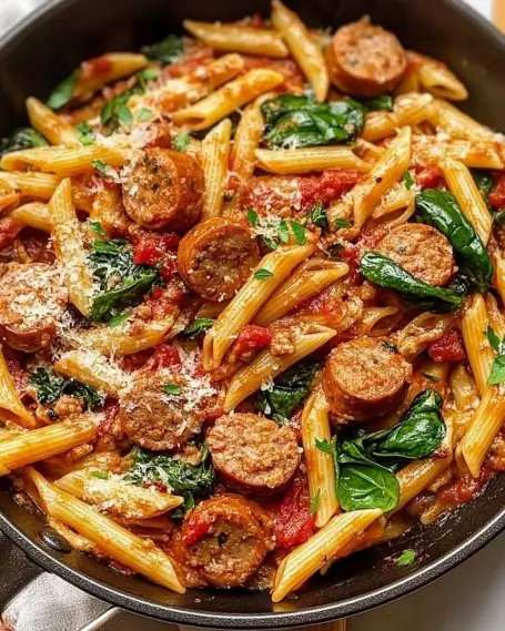 Sausage Spinach Pasta Skillet is a quick family favorite.