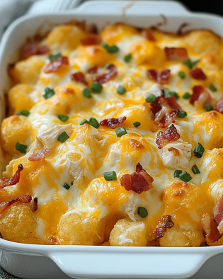 Cheesy Chicken Bacon Ranch Tater Tot Casserole delights families!
