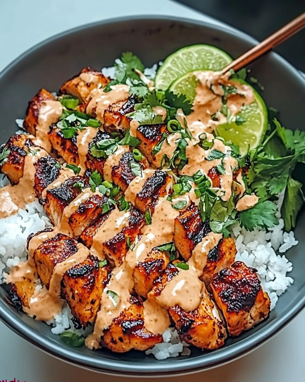 Sweet Chili Chicken Bowl with Coconut Lime Drizzle delights!