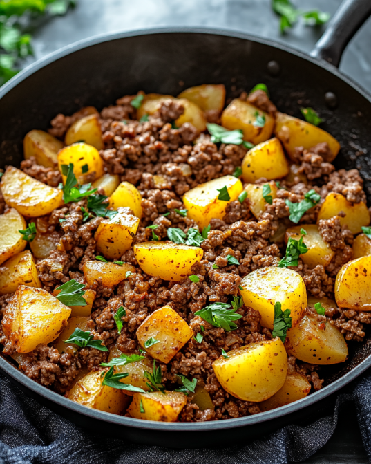 Savory Ground Beef and Potato Skillet Recipe is easy!