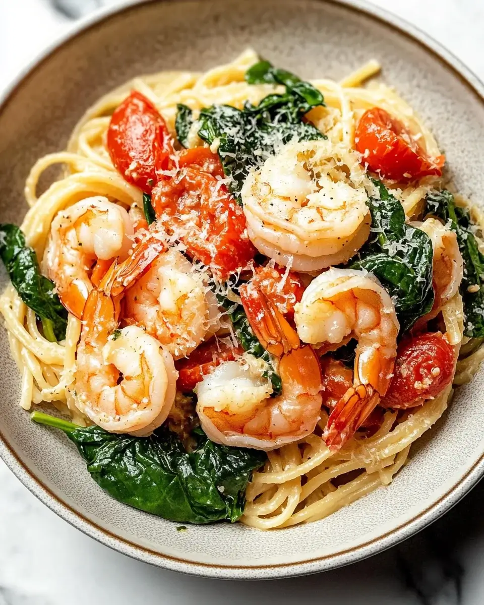 Garlic Butter Shrimp Pasta with Spinach and Tomatoes delights!
