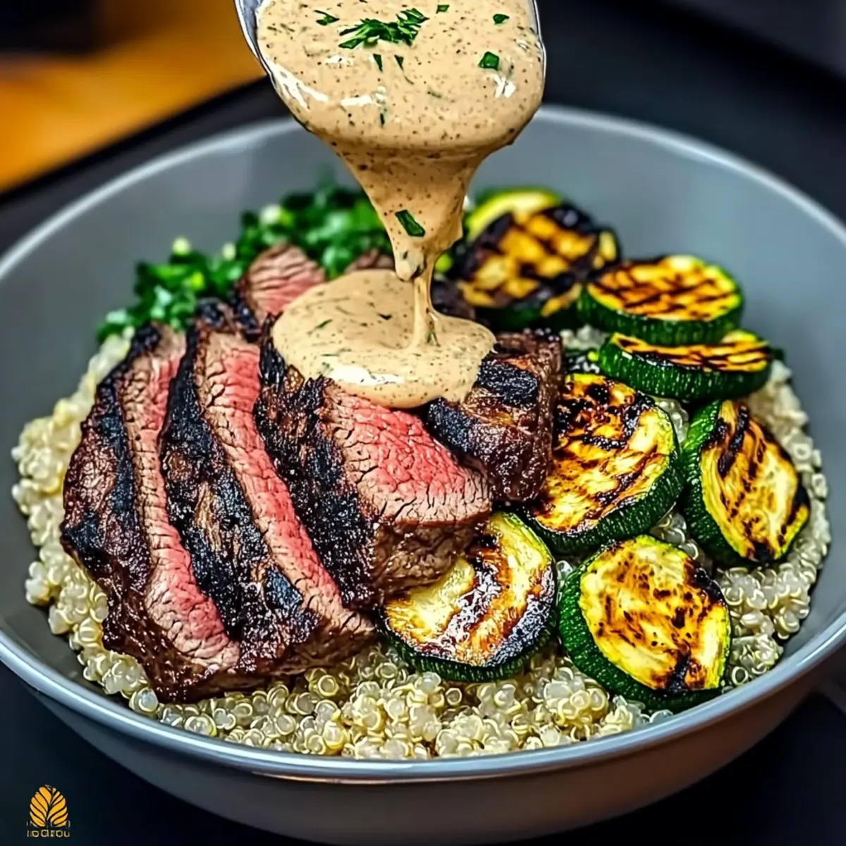 Savor the Flavor: Grilled Steak Bowl with Creamy Sauce & Grilled Zucchini