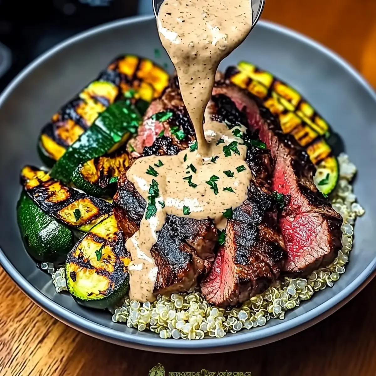 Grilled Steak Bowl with Creamy Sauce & Grilled Zucchini