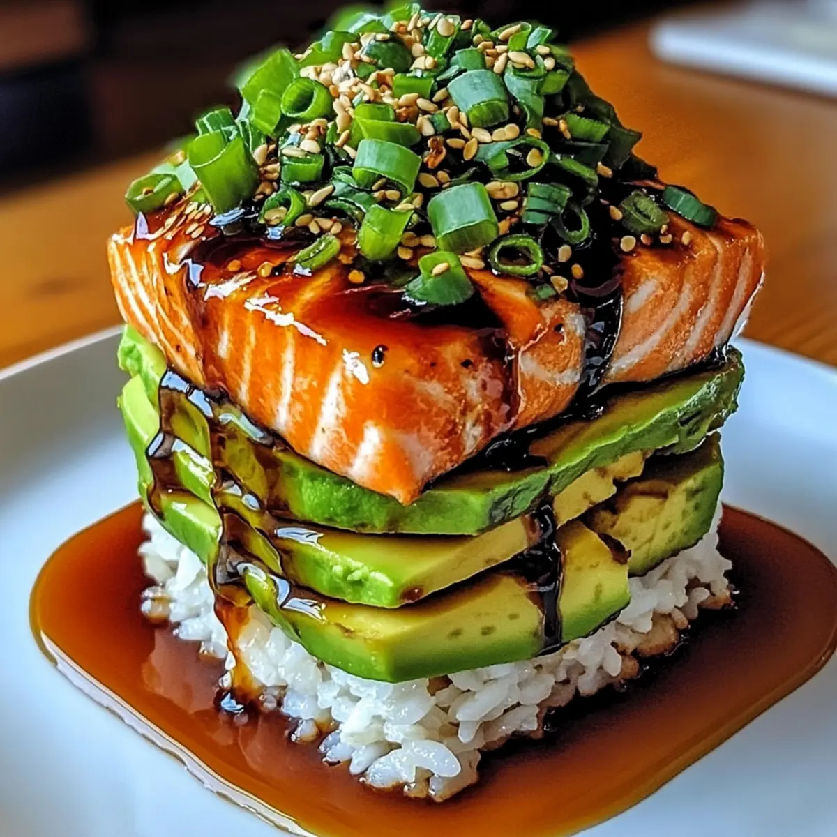 Teriyaki Salmon Avocado Rice Stack