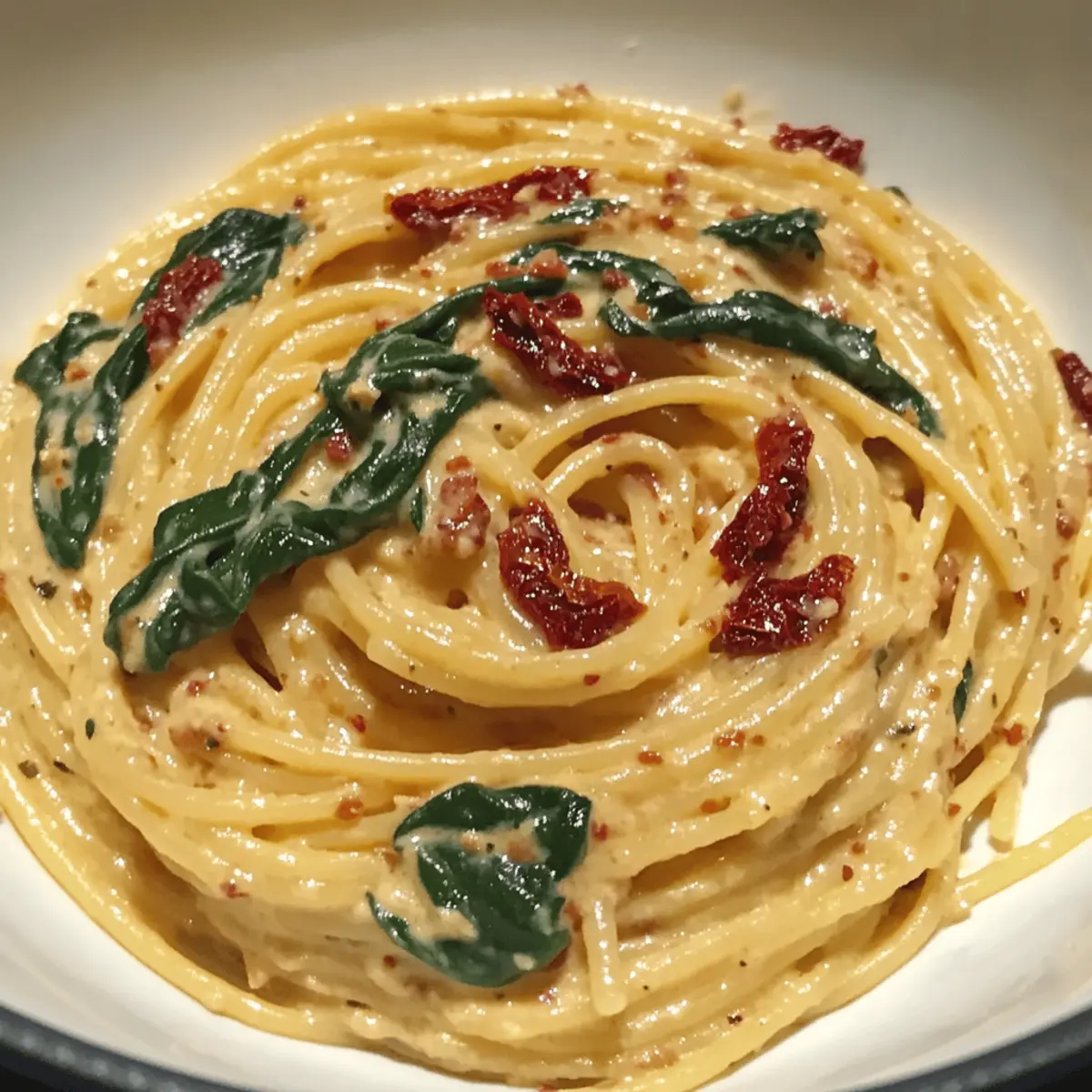 Creamy Spaghetti & Spinach with Sun-Dried Tomato Magic