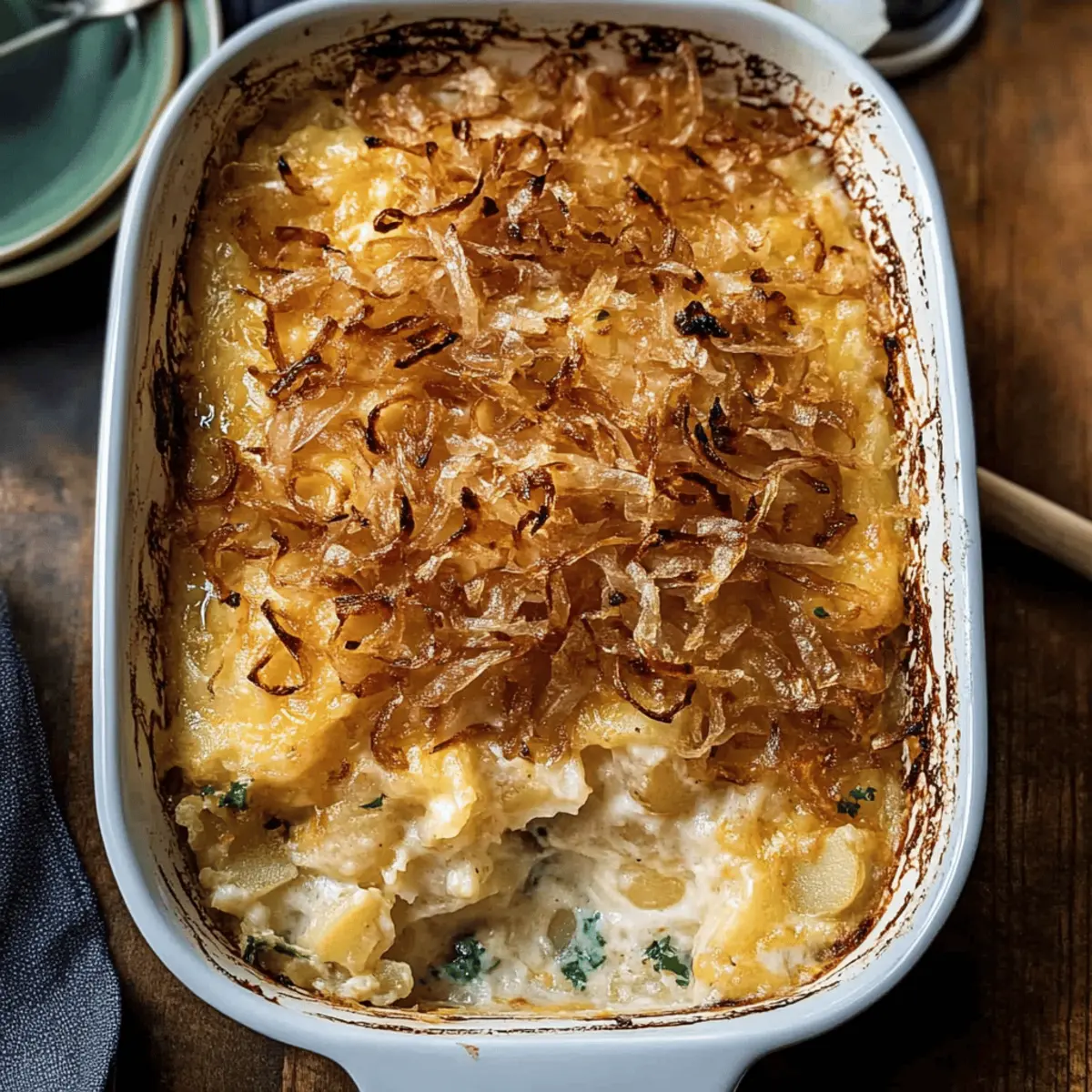 French Onion Funeral Potatoes With Crispy Onion Topping