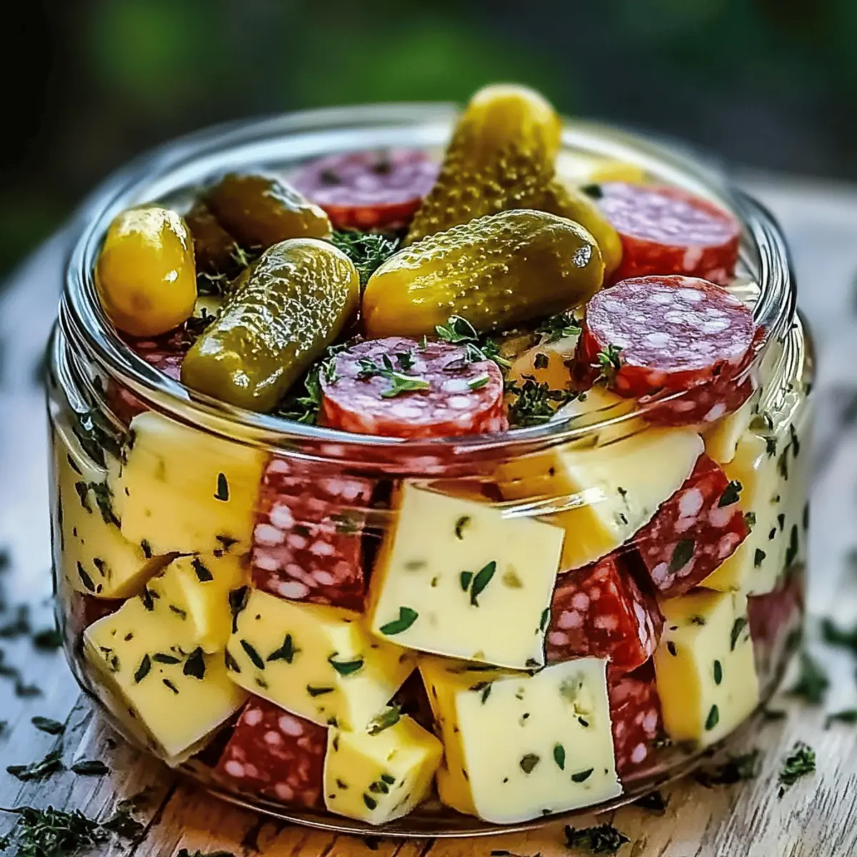 Delicious Easy Marinated Cheese Appetizer with Salami & Pickles