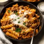 One pot creamy tomato beef pasta