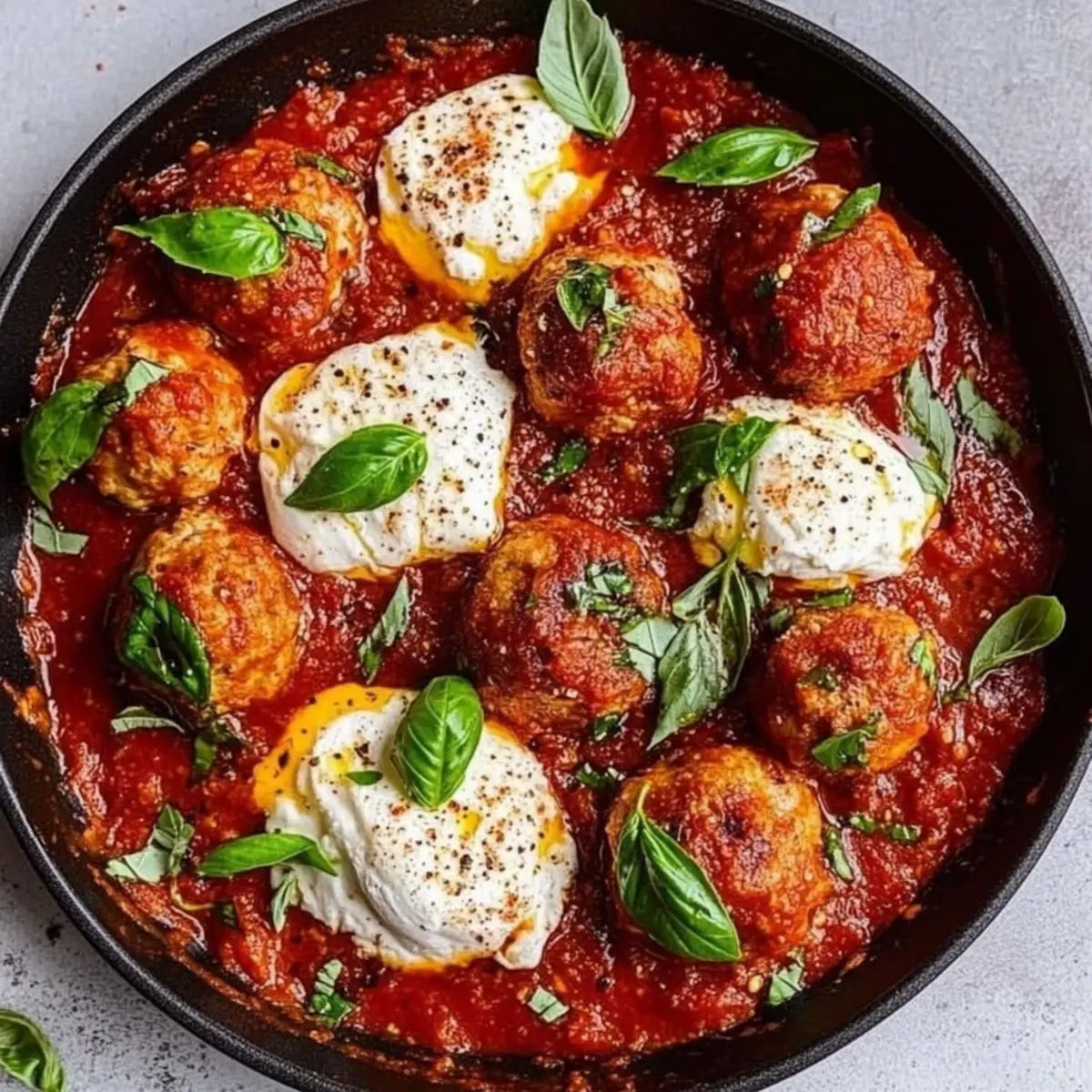 Juicy Turkey Meatballs in Tomato Basil Sauce with Burrata Bliss