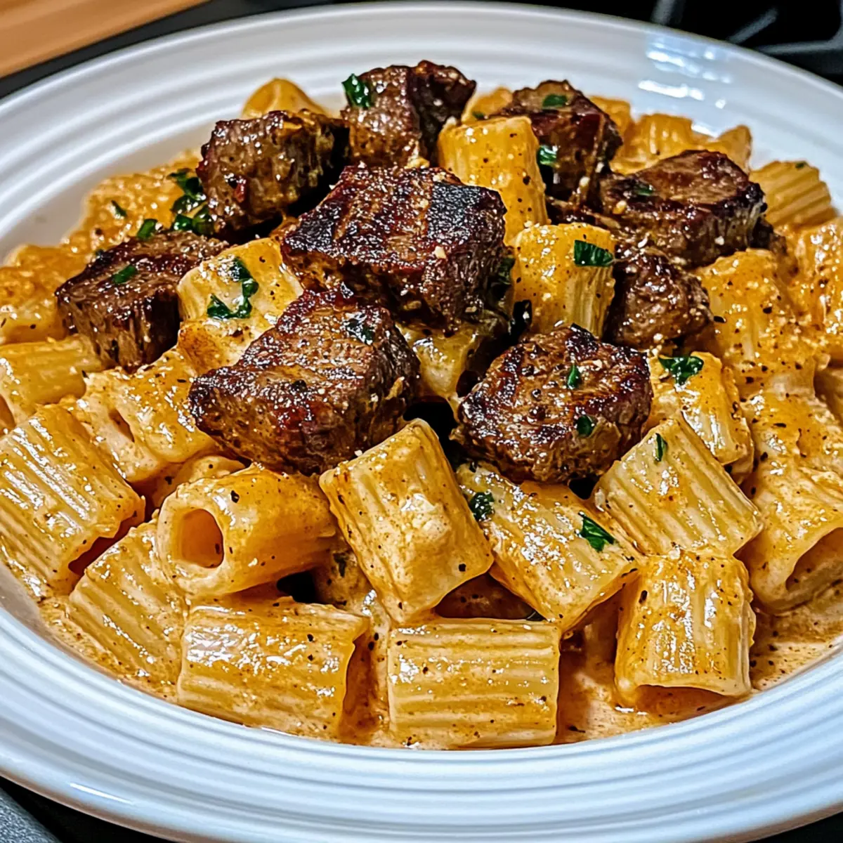 Cajun Steak Tips in Cheesy Rigatoni Parmesan Sauce Magic