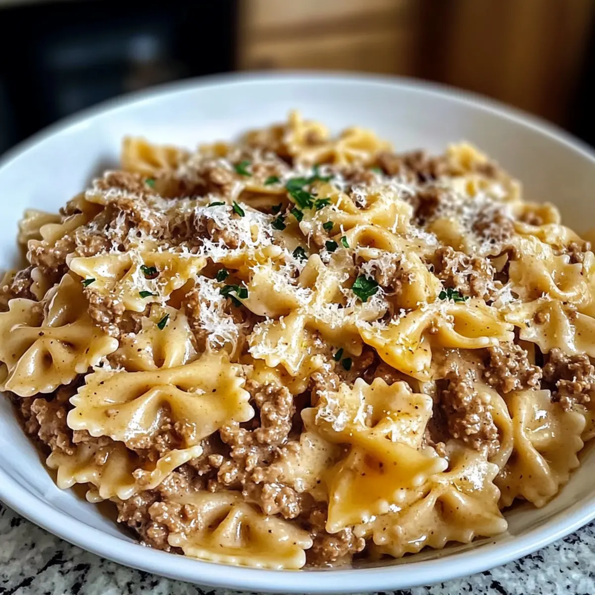Creamy Parmesan Garlic Beef Bowtie Pasta