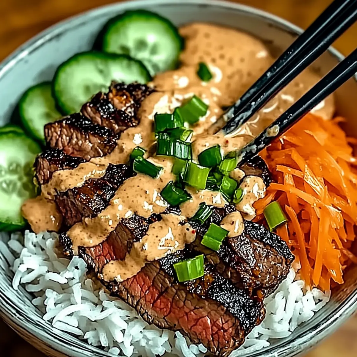 Korean BBQ Steak Rice Bowls with Spicy Cream Sauce Bliss