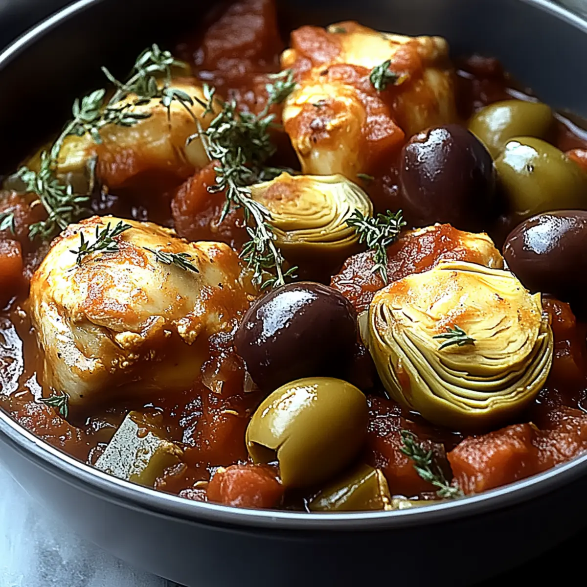 Savory Chicken Stifado with Olives and Artichokes Delight