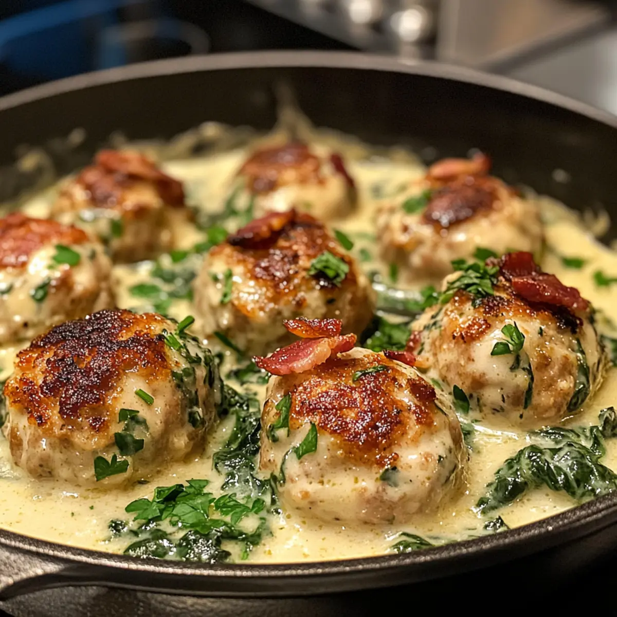Baked Chicken Ricotta Meatballs in Creamy Spinach Delight
