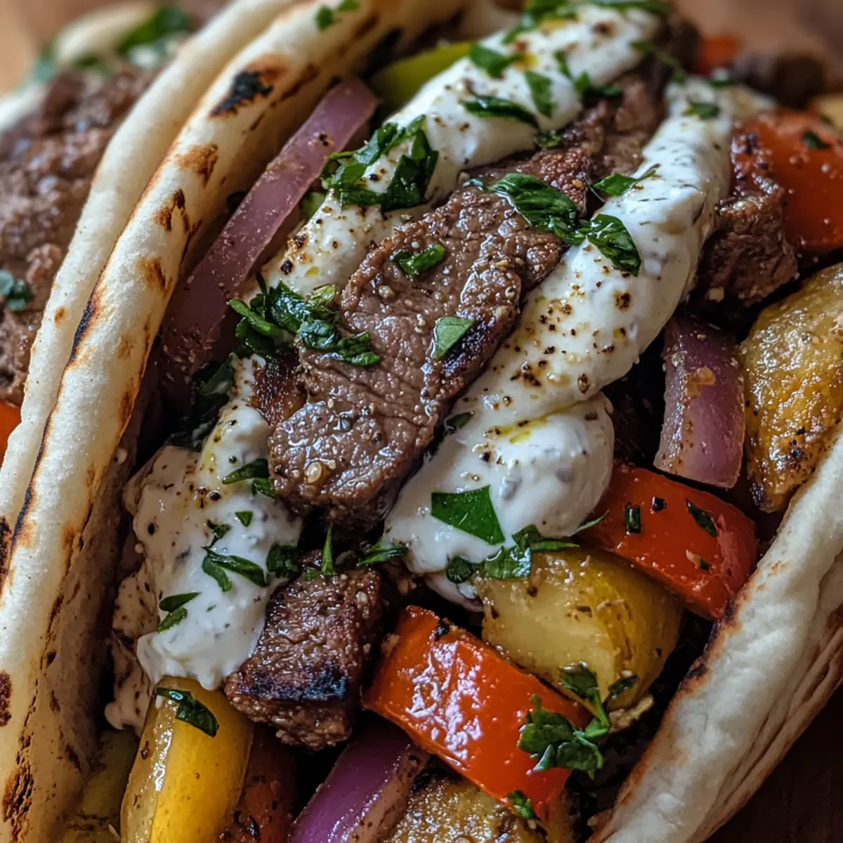 Savory Greek Beef Stuffed Pita with Tangy Lemon Yogurt