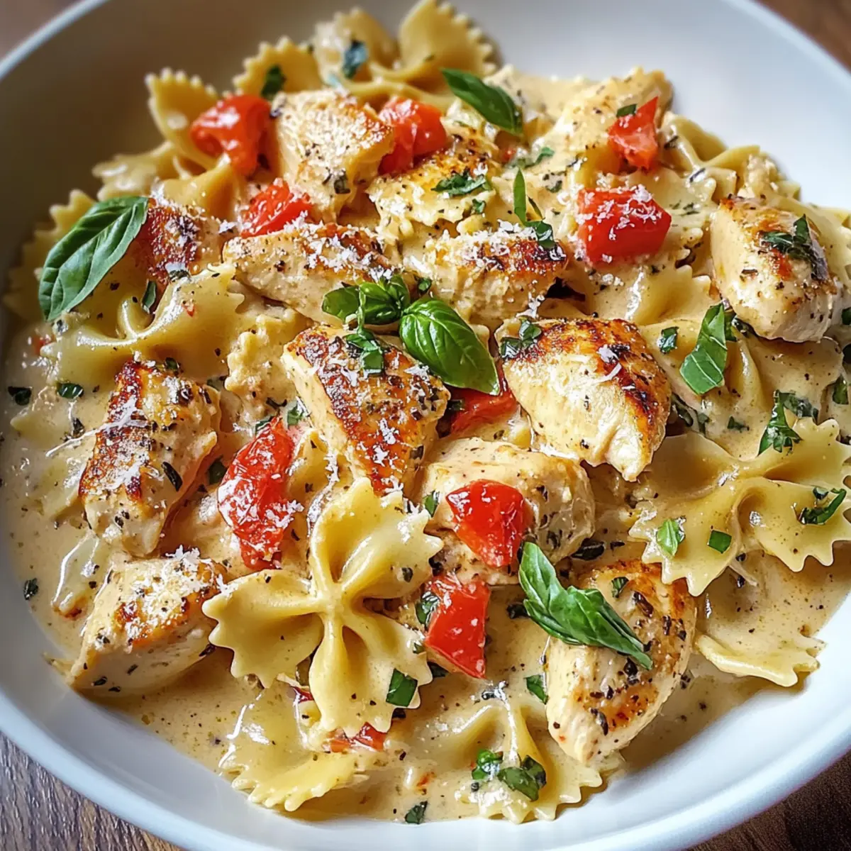 Creamy Garlic Parmesan Chicken Bowties with Roasted Peppers
