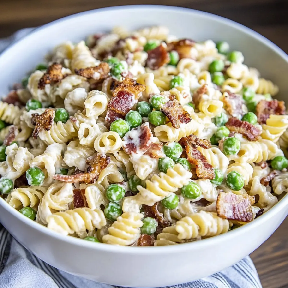 Creamy Pasta Salad with Crispy Bacon and Vibrant Peas