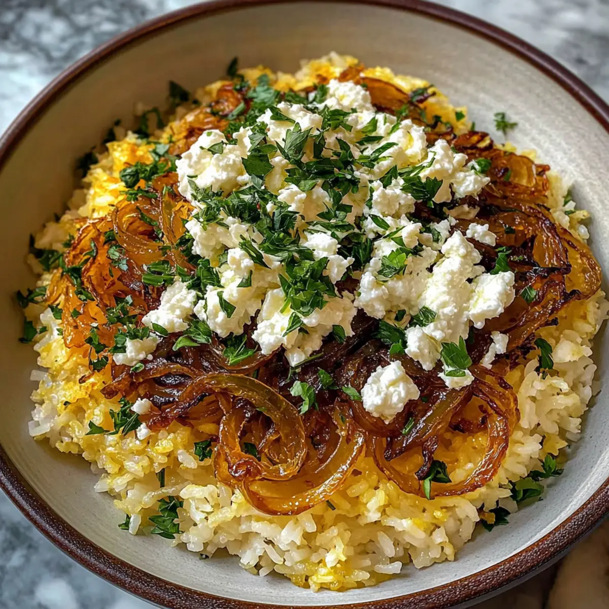 Warm Persian Rice Bowl with Sweet Caramelized Onions