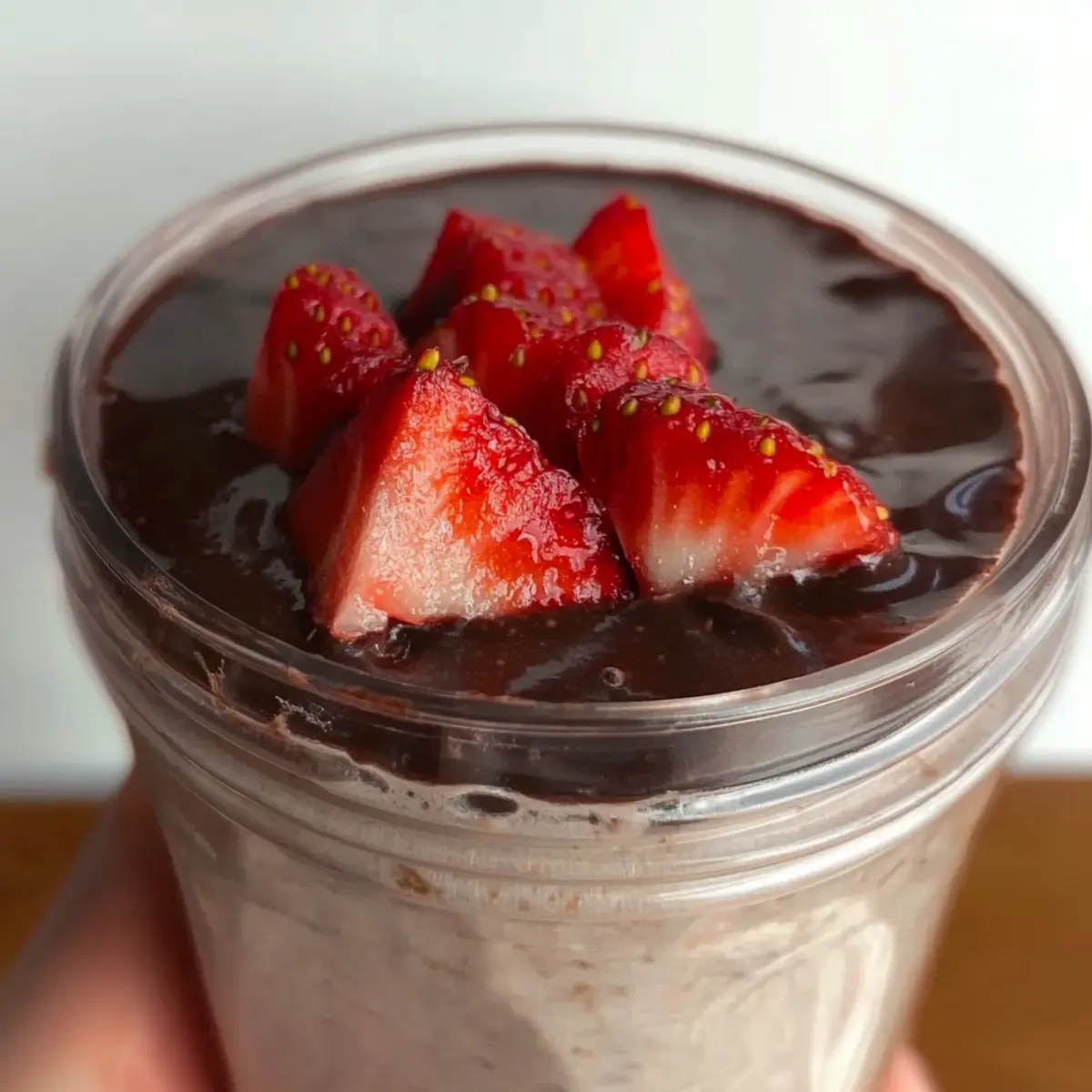 Blended Strawberry Oats with Chocolate Shell Bliss