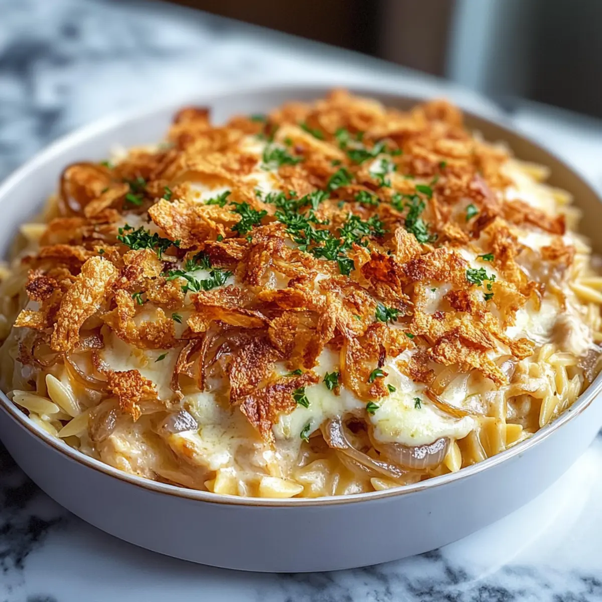 French Onion Chicken Orzo Casserole: Cozy Comfort in Every Bite